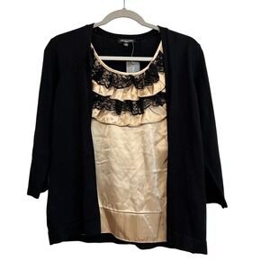 Notations Petite Black Cardigan Top Gold Lace‎ Ruffle Trim 3/4 Sleeve PXL